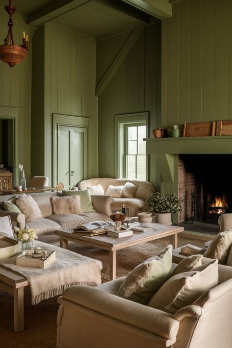 Living Room Vaulted Ceiling, Sage Green Living Room, Vaulted Ceiling Living Room, Sage Green Paint, Popular Paint Colors, Gender Neutral Colors, Color Sage Green, Green Living Room, Living Room Green