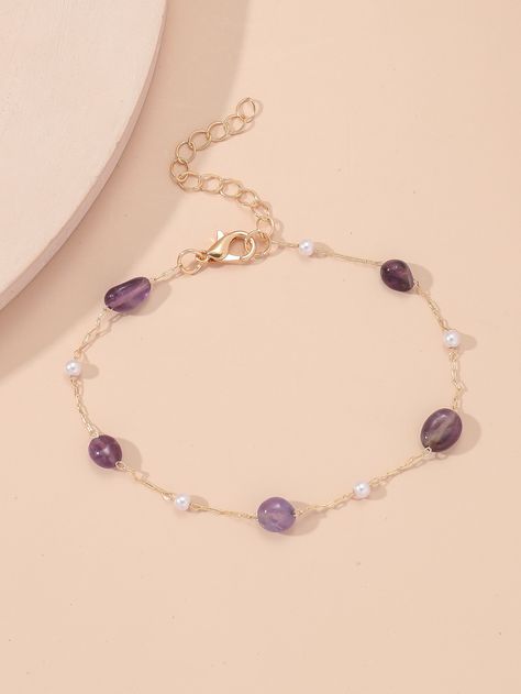 Purple Fashionable   Natural Crystal  Anklet Embellished   Jewelry Crystal Anklet, Beaded Anklets, Stone Decor, Purple And White, Natural Crystals, Light Purple, Delicate Bracelet, Body Jewelry, Anklets