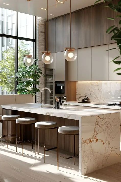 50 Modern Luxury Kitchen with Island Ideas - Home Soils Kitchen Island Wood And Marble Top, Countertop Island Ideas, Luxury Kitchen With Island, Kitchen With Island Ideas, Kitchen Ireland, Zen Kitchen Design, Modern Kitchen Island Ideas, Kitchen Island Marble, Kitchen Interior Design Modern Luxury