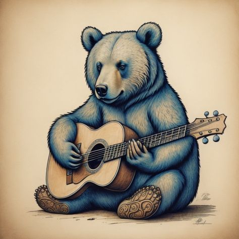 Bear Playing Guitar Drawing, Bear Playing Guitar, Zoo Drawing, Woodland Mural, Guitar Illustration, Guitar Drawing, Fire Drawing, Instruments Art, Adventure Logo