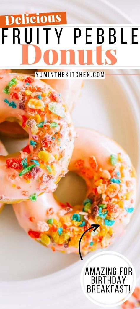 OMG so good! 😍 These homemade cereal donuts are made with fruity pebbles. They're a fun birthday breakfast idea. Grab the fruity pebble donut recipe and whip up the glazed cake donuts! Cereal Donuts, Glazed Cake, Fruity Pebble, Baked Donut, Fruity Pebbles Cereal, Pebbles Cereal, Homemade Cereal, Easy Donut Recipe, Candied Lemon Peel