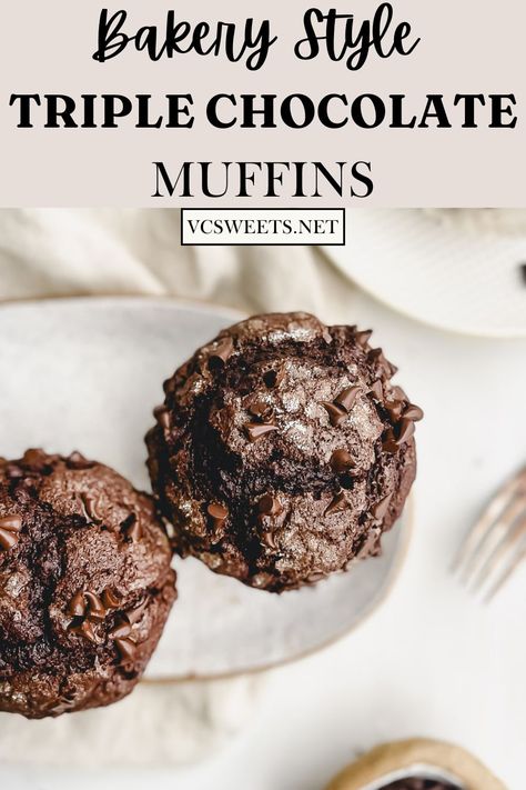 These delicious Easy Triple Chocolate Muffins are perfect for chocolate lovers or anyone looking to satisfy their sweet tooth!! Moist, fudgy, and insanely rich, these muffins are loaded with three different types of chocolate: cocoa powder, melted chocolate, and chocolate chips. Tall, with perfectly rounded muffin tops, these muffins take less than 30 minutes to whip up, are easy to make, and taste like they came straight from the bakery!! Triple Chocolate Muffins Recipe, Confections Recipes, Types Of Muffins, Chocolate Muffins Moist, Triple Chocolate Muffins, Southern Recipes Desserts, Chocolate Chip Muffin Recipe, Chocolate Muffin Recipe, Bakery Style Muffins