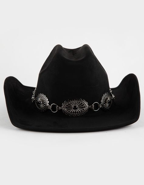 Womens Boho Cowboy Hat - BLACK | Tillys Black Cowboy Hat Decorated, Cowboy Witch Hat, Cowboy Party Hat, Black And Gold Cowgirl Outfit, Black Western Hat, Cowgirl Hats Black, Black Cowboy Hat Outfit Woman, Cowgirl Outfits Black, Goth Cowgirl Aesthetic