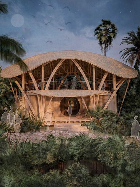 Architecture Bamboo Wood Design Facade Organic Structure Pablo Luna Studio Lombok Illustration Bamboo Yoga Shala, Yoga Pavilion Design, Jungle Airbnb, Eco Architecture Concept, Eco Resort Architecture, Nature Restaurant, Forest Restaurant, Bio Architecture, Yoga Deck