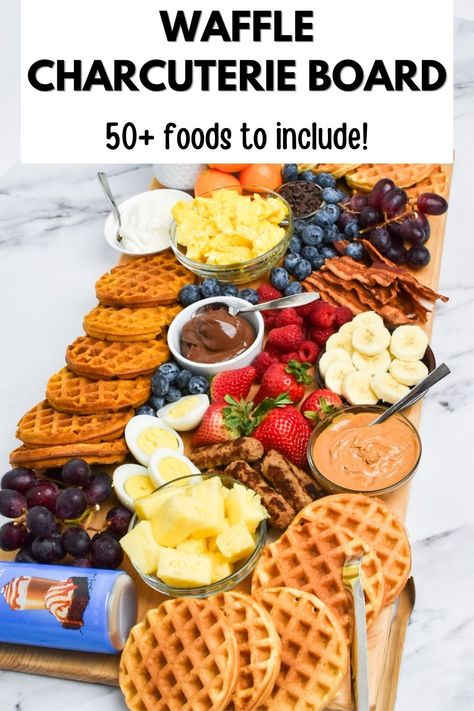 Indulge in the ultimate breakfast board with our Waffle Charcuterie Board recipe! Create a stunning display of crispy waffles, savory sausage links, crispy bacon, and an array of sweet and savory toppings. A waffle board is perfect for brunch or special occasions, this customizable board will delight your taste buds and impress your guests. If you need Waffle charcuterie board ideas, check out the huge list of toppings and sides to make the perfect waffle brunch board! Pancake And Waffle Charcuterie Board, Breakfast Meat Charcuterie Board, Waffle Charcuterie Board, Waffle Bar Ideas, Charcuterie Board Breakfast, Traditional Charcuterie Board, Waffles Savory, Waffle Brunch, Waffle Board