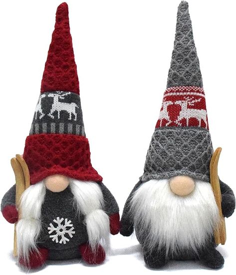 HANDICRAFT - Handmade Collectible Gnomes Figurines. PERFECT SIZE - The size LxWxH of is 5.1x4.3x11.4 inches. PREMIUM MATERIAL - Each Holding a pair of skis, girl and boy gnome couples, cute jacquard reindeer pattern hat. BEST GIFT - They will bring more good luck and happy to families and friends in winter. IDEAL DECOR - It is a good ideal for home farmhouse indoor decorations, just pace it to tiered tray, tabletop, desk, bookcase, bedside, shelf corridor, windowsill, etc. Friends In Winter, Elf Gifts, Winter Gnomes, Swedish Tomte, Reindeer Pattern, Elves Gift, Bedside Shelf, Farmhouse Ornaments, Santa Doll