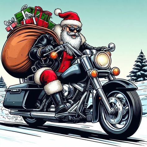 Santa On A Motorcycle, Motorcycle Christmas Cards, Santa Motorcycle, Indian Motorcycle Art, Alt Christmas, Christmas Lights Drawing, Christmas Motorcycle, Car Decoration Ideas, Christmas Images Hd