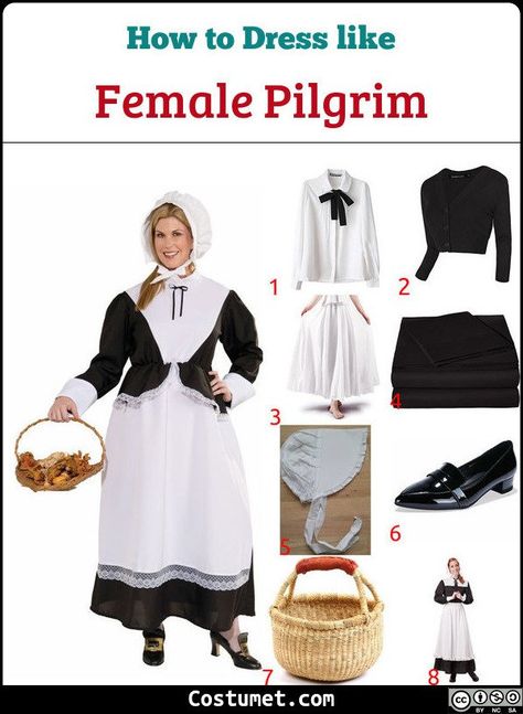 The female pilgrim's costume inludes a black and white dress. She has a bonnet and wears a black pair of shoes. The male pilgrim wears a black long sleeved-top with loose pants. He has a pilgrim hat with a belt and black shoes.           #misc #male #female #couple #misc #duo #NativeAmerican #offensive How To Dress Like A Pilgrim, Pilgrim Costume, Diy Costumes Women, Pilgrim Hat, Costume For Halloween, Black And White Dress, Halloween Party Costumes, Black Long Sleeve Top, Addams Family