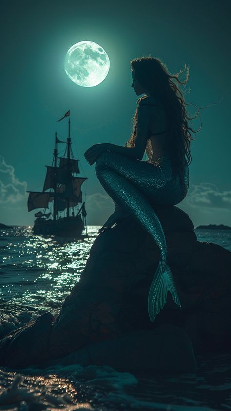 Moonlit Mermaid Silhouette: A mystical #mermaid perched on a rock gazes at the #moon with a #sailing #ship nearby. #moonlight #silhouette #sea #night #aiart #aiphoto #stockcake ⬇️ Download and 📝 Prompt 👉 https://stockcake.com/i/moonlit-mermaid-silhouette_452420_225396 Moody Mermaid Aesthetic, Moonlight Silhouette, Mermaid On A Rock, Moon Bathroom, Mermaids Sirens, Pirates And Mermaids, Mermaid Rock, Mermaid On Rock, Moon Mermaid