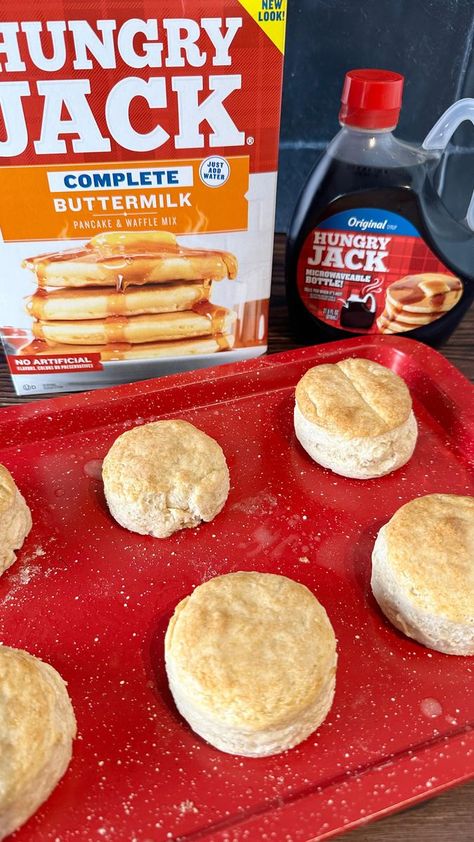 Biscuits Made With Pancake Batter, Box Pancake Mix Hack, Hungry Jack Pancake Mix Recipes, Pancake Mix Biscuits, Hungry Jack Pancakes, 2 Ingredient Pancakes, Pancake And Waffle, Pancake Mix Recipe, Buttermilk Pancake