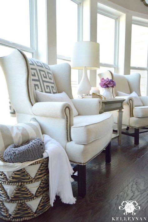 Pottery Barn Upholstered Thatcher Wingback Chairs in Living Room Spring Living Room, Shabby Chic Living, Shabby Chic Living Room, Coastal Living Rooms, Flex Room, Chic Living Room, Living Room Remodel, Room Remodeling, White Furniture