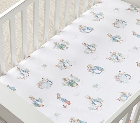 Beatrix Potter™ Organic Peter Rabbit Fitted Crib Sheet | Pottery Barn Kids Beatrix Potter Nursery, Heirloom Baby Blankets, Peter Rabbit Nursery, Crib Fitted Sheet, Rabbit Nursery, Chickadees, Swaddle Sets, Rabbit Baby, Playroom Furniture