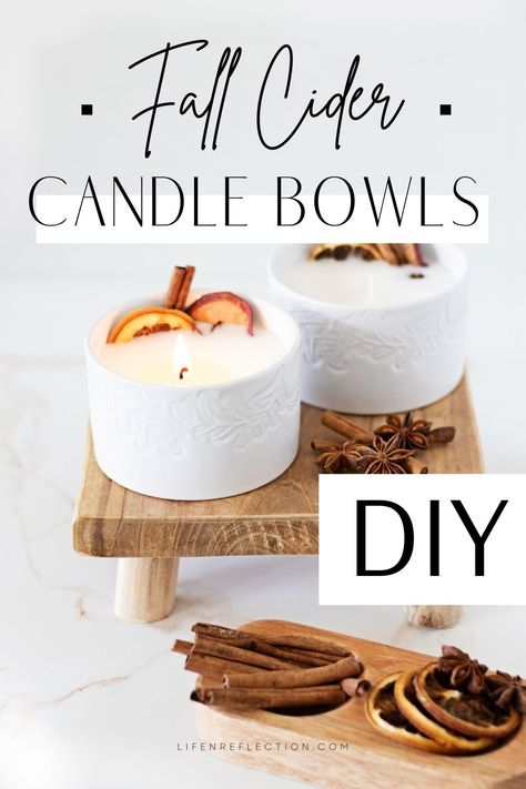 These DIY fall cider candle bowls might be the best fall craft idea I've ever made! Make a fall candle in a bowl with me! Fall Candle Making Ideas, Fall Candle Crafts, Cinnamon Stick Crafts, Homemade Fall Candles, Diy Holiday Candles, Candle Making Party, Homemade Candle Recipes, Candle Diy Mason Jar, Fall Candle Centerpieces