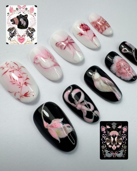 Storybook dreaming: 100% hand painted set with delicate little birdies, bows and flowers. A mix of soft feminine elements and contrasting black, pink and white. >> swipe for inspo by @jennybirdart This style of hand painting is such a test of patience but I’m really happy with how it turned out. Can’t wait to wear them for a girls dinner and drinks Friday night 🍸 #handpaintednails #cutenailart #birdnails #bownails #pinknails Black And Pink Aesthetic, Girls Dinner, Nail Board, Pretty Nail Designs, Pretty Gel Nails, Soft Feminine, Cute Nail Art, Nail Studio, Fire Nails