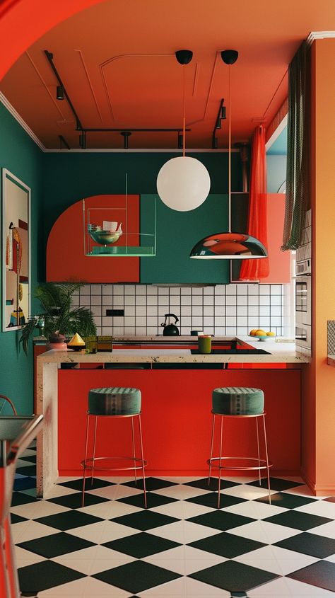 Interior Design Post Modern, Kitchen Design Bright Colors, Bright Colors Interior Design, Maximal Interior Design, Eclectic Vintage Interior, Colorful Commercial Interior Design, Bright Modern Interior, Scandinavian Retro Interior, Split Complementary Interior Design