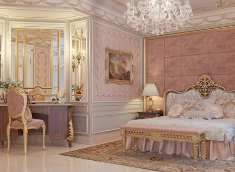 Modern Rococo Bedroom, Princess Bedrooms Royal, Royal Bedroom Princesses, Luxury Pink Bedroom, Royalty Bedroom, Princess Living Room, Royal Bedroom Design, Royal Room, Royal Bedroom