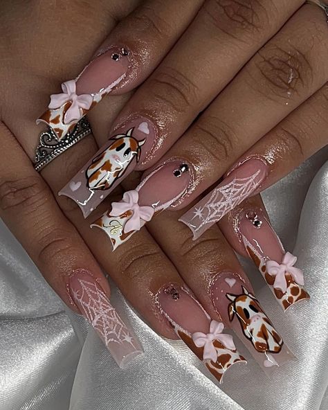 Spooky cow set freestyle 🐮💕 #halloween #halloweennails #october #houston#houstonnailtech #cows #cowprint #frenchies #nails #nailsnailsnails #nailart #naildesign #nailinspo #prettygirls #prettynails #inspo #explorepage #viralvideos Halloween Cow Nails, Frenchies Nails, Lace Nail Design, Halloween Cow, Cow Nails, Lace Nails, Cute Acrylic Nail Designs, Unique Acrylic Nails, Cute Acrylic Nails