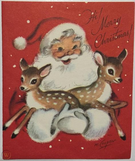 Vintage Rust Craft Marjorie Cooper Greeting Card Santa Deer Reindeer Christmas | #1854497598 Vintage Christmas Photos, Vintage Reindeer, Vintage Christmas Images, Cute Christmas Wallpaper, Christmas Card Art, Christmas Stationery, Old Fashioned Christmas, Reindeer Christmas, Christmas Drawing