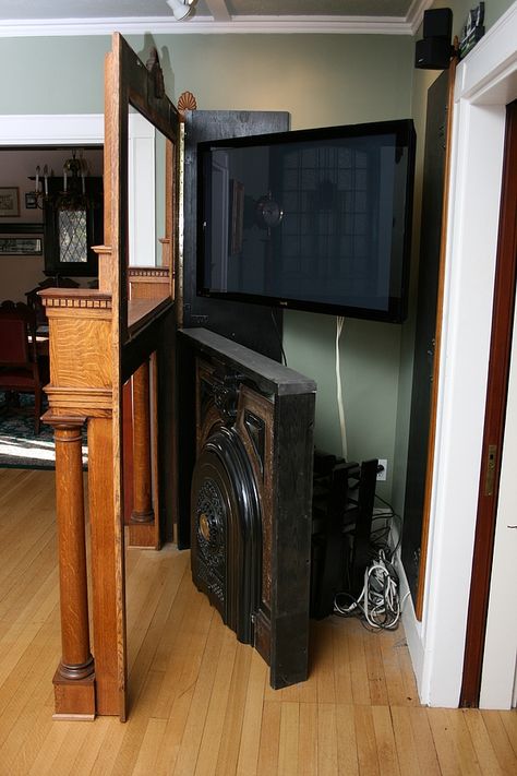 ModVic - The Modern Victorian Steampunk Home    like the corner tv idea with frame that swings out for access to cords Corner Tv Ideas, Fireplace Layout, Steampunk Home, Antique Fireplace Mantels, Fireplace Room, Antique Mantel, Steampunk House, Victorian Fireplace, Old Fireplace