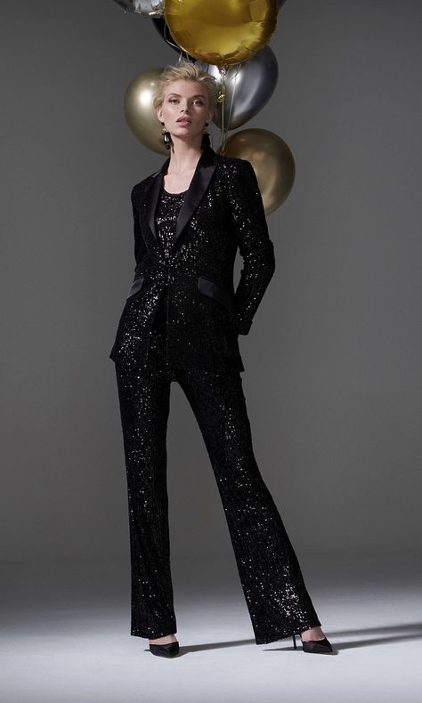 96094 Black Carla Ruiz Sequin Tuxedo Evening Trouser Suit | Fab Frocks Women Tuxedo Outfit, Burberry Shirt Women, Glitter Suit, Fab Frocks, Sequin Suit, Evening Trousers, Evening Suit, Classic Tailoring, Tuxedo Women