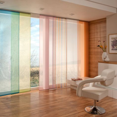 This panel blind is translucent, slightly transparent, and has modern colours. It is made of a high-quality and easy-to-clean polyester material and easy to apply, thanks to the attached hook and loop fastener. The panel blind can be shortened as needed. Colour: Pink Panel Blinds, Colorful Curtains, Dream House Decor, Apartment Living, 인테리어 디자인, Interior Inspiration, Home Deco, Cribs, Interior Architecture