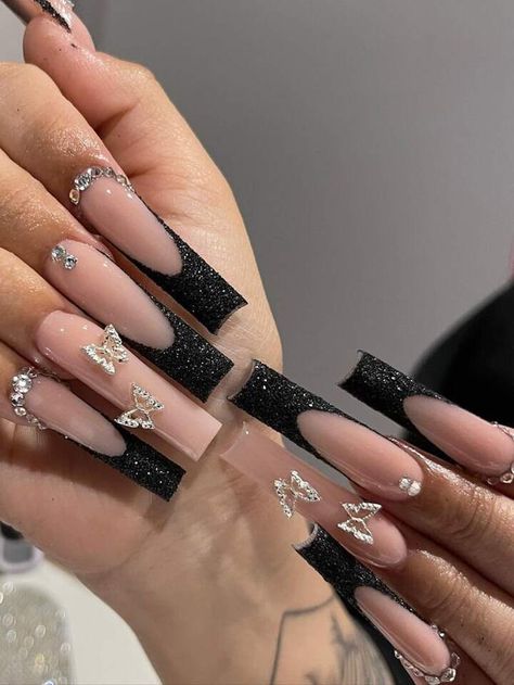 Black French Nails, Solid Color Nails, Nagel Tips, Nails Set, Long Square Acrylic Nails, Unique Acrylic Nails, Nail Supplies, Fake Nail, Nail Length