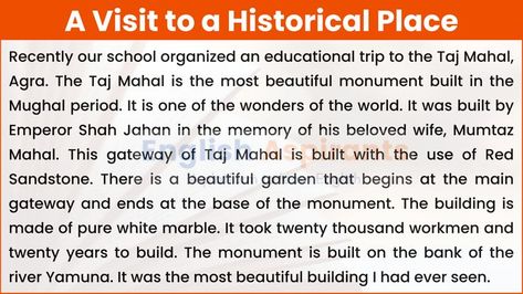 A Visit to a Historical Place Essay Write An Essay, English Grammar Worksheets, Ielts Writing, Short Essay, Paragraph Writing, Historical Places, Short Article, Spiritual Beliefs, Grammar Worksheets