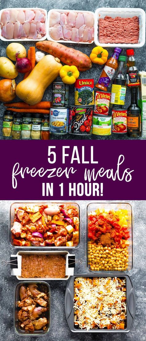 Stock your freezer up with five healthy dinners in just one hour. This fall freezer dinner stock up is made with wholesome ingredients, delicious, and easy to prepare. #sweetpeasandsaffron #freezer #mealprep #roundup #makeahead #healthy Easy Fall Freezer Meals, Fall Freezer Meals Healthy, Fall Freezer Meal Prep, Freezer To Oven Meals Healthy, Fall Meal Prep Dinner, Five Dinners One Hour Meals, Easy Prep Ahead Dinners, Fall Freezer Meals, Holistic Postpartum