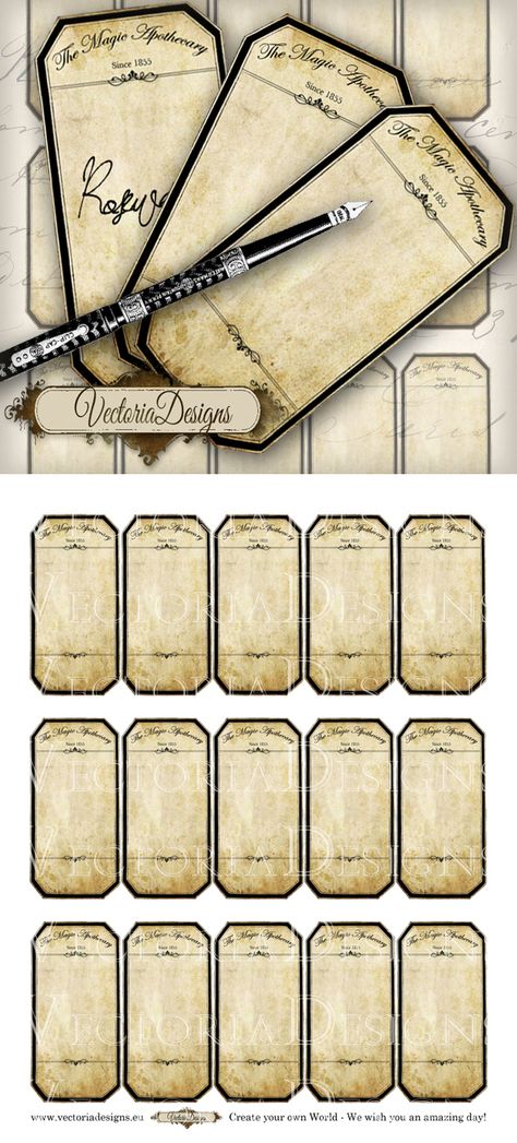 Blank Magic Apothecary Labels - a full sheet of beautiful blank labels to write on. Put them on your own bottles and jars. Can be used for food or beauty products. The header of the label says: "Th... Blank Labels Printables Free, Blank Labels Printables Free Templates, Blank Apothecary Labels, Magic Apothecary, Food Label Template, Template Free Printable, Apothecary Labels, Potion Labels, Etiquette Vintage