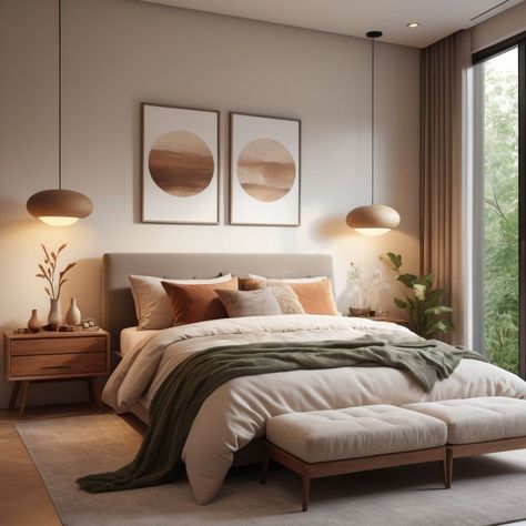 Modern But Cozy Bedroom, Natural Interior Design Bedroom, Soft Minimalist Bedroom, Bedroom Modern Cozy, Bedroom Ideas Tan Walls, Iskandinav Home Design Bedroom, Organic Modern Small Bedroom, Warm Colour Bedroom, White Walls Dark Floors Bedroom