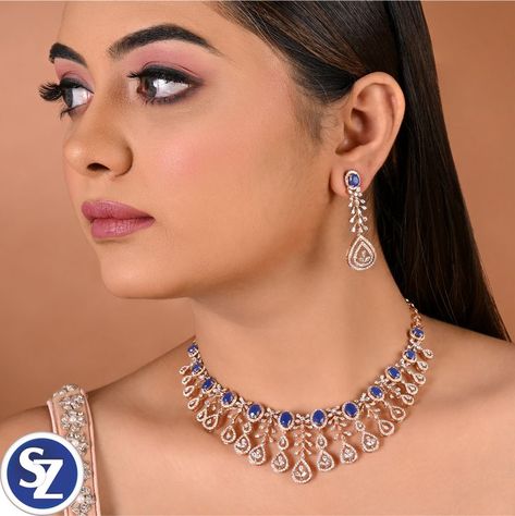 Blue Sapphire Gold Necklace Indian, Dimond Neckless Jewelry Latest, Diamond Necklace Tattoo, Jewellery Design Gold, Diamond Haram, Latest Gold Jewellery, Gold Earrings For Kids, Stone Jewelry Necklace, Fine Pearl Jewelry