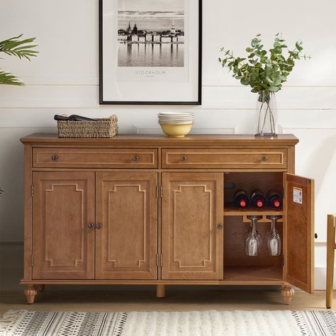 PRICES MAY VARY. ELEGANT FARMHOUSE STYLE: Measuring 58"Wx15.75"Dx35"H. Enjoy the timeless charm of the French Countryside with this exquisite sideboard of our 58'' buffet cabinet. Paired with 4 carved doors and 2 large 24.75"Wx11"Dx2.375"H drawers, it combines modern flair with farmhouse appeal, effortlessly complementing any home decor. WINE DISPLAY SOLUTION: Built-in wine glass holders and bottle holders provide a stylish space for your favorite bottles and glasses, allowing you to easily acce Bar And Buffet Cabinet, Sideboard And Hutch, Kitchen Buffet Styling, Buffet With Doors, China Buffet Cabinet, Side Board Buffet, Sideboard Cabinet Dining Rooms, Mini Bar Dining Room, Tall Sideboard Buffet