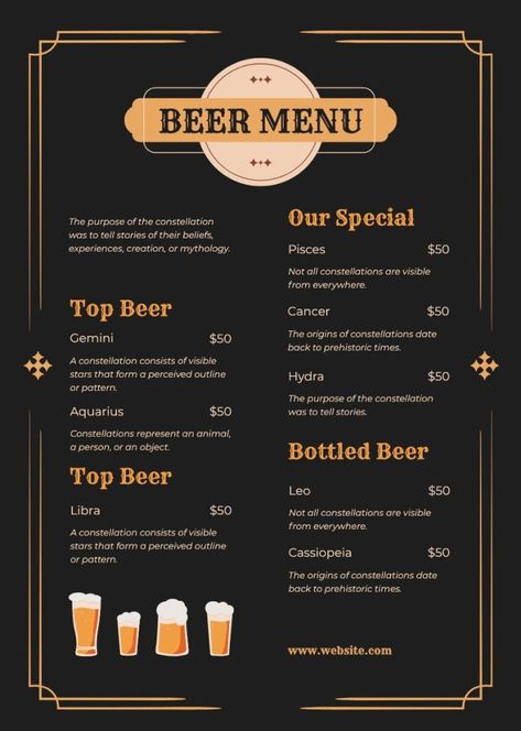 Beer Menu Design, Beer Top, Beer Menu, Beer Club, Beer House, Vintage Beer, Menu Template, Menu Design, Bar Design