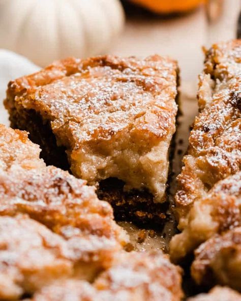 This Pumpkin Gooey Butter Cake has a fluffy, spiced pumpkin cake base & is topped with a gooey cream cheese layer. The cake bakes to tender perfection under the gooey cream cheese layer, and who can resist that crackly top! Pumpkin Butter Cake, Pumpkin Gooey Butter Cake, Pumpkin Swirl Cheesecake, Pumpkin Streusel Muffins, Pumpkin Syrup, Gooey Butter, Thanksgiving Cakes, Dairy Free Cream, Cake Base