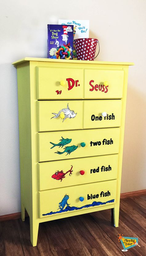 One fish, two fish...this Dr. Seuss-inspired chest of drawers is bright, fun and functional. It's entirely hand painted with Annie Sloan Chalk Paint® -- from the bright yellow background to each of the cute fish. Another example of an old unloved dresser refinished for another generation to love. More Hand Painted Nursery Furniture, Disney Dresser Diy, Fun Dresser Painting Ideas, Childrens Dresser, Bright Yellow Background, Dresser Refinish, Dresser Ideas, One Fish Two Fish, Two Fish