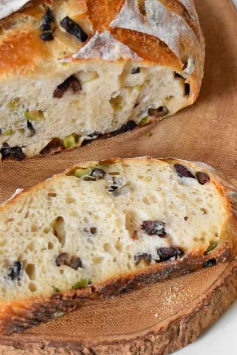 Sourdough bread made with olives and parmesan Olive And Feta Sourdough, Chive Sourdough Bread, Green Olive Sourdough Bread, Sourdough Bread With Cheese, Olive Sourdough Bread Recipe, Olive And Cheese Bread, Mediterranean Sourdough Bread, Italian Herb And Cheese Sourdough Bread, Sourdough Sub Bread