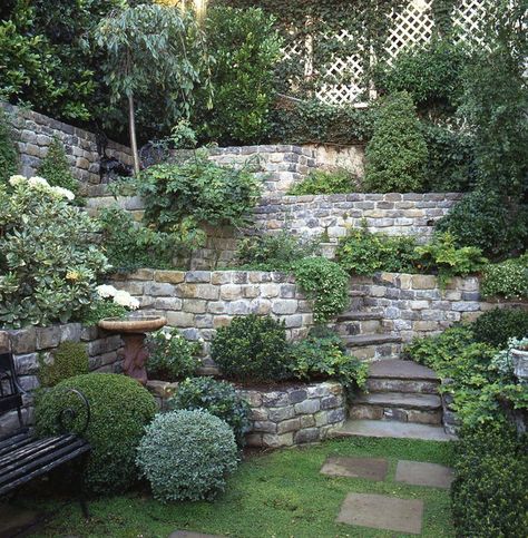 Shed Inspiration, Stone Walls Garden, Sloped Backyard Landscaping, Garden Netting, Sloped Backyard, Stone Steps, Landscaping Retaining Walls, Tiered Garden, Hillside Landscaping