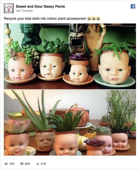 Baby dolls are already one of the most objectively creepy things on Earth–just ask anyone who’s spent a night in Aunt Jessica’s guest bedroom, surrounded by her army of dead-eyed, lacy minions. But leave it to the internet to come up with a way to make dolls even creepier: by turning doll’s heads into planters.... Recycled Planters, Upcycled Planter, Upcycle Garden, Recycled Garden, Head Planters, Diy Upcycling, Backyard Play, Old Dolls, Office Party