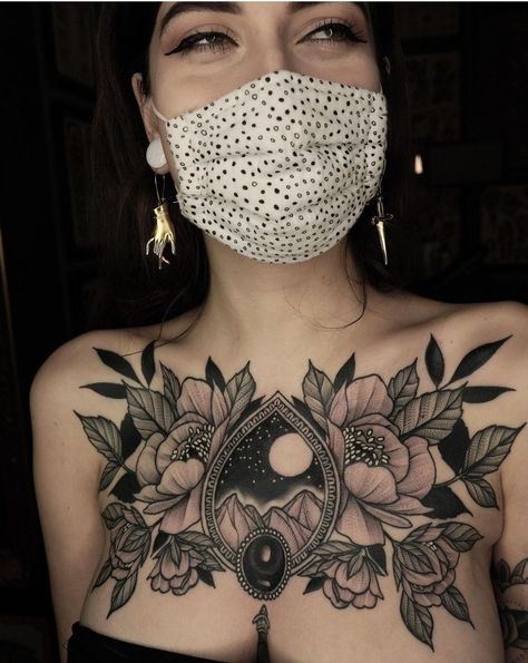 Neotraditional Flowers, Neo Traditional Chest Tattoo, Chest Tattoo Flowers, Chest Tattoo Female Upper, Traditional Chest Tattoo, Front Neck Tattoo, Full Chest Tattoos, Black Tattoo Cover Up, Mark Tattoo