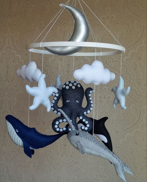 Felt Orca, Felt Octopus, Octopus Nursery, Whale Mobile, Black And White Balloons, Ocean Octopus, Monochrome Baby, Ocean Nursery, Newborn Nursery