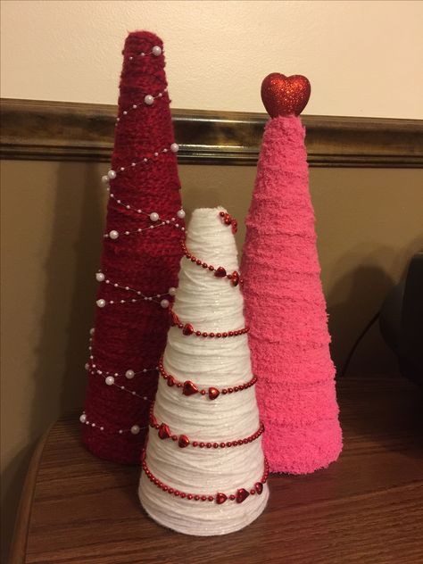 February Crafts For Adults Diy, Valentines Centerpieces Diy, Diy Valentines Tree Decorations, Styrofoam Heart Crafts, Valentine Centerpieces Diy, February Crafts For Adults, Valentines Cone Tree, Dollar Tree Styrofoam Hearts, Valentine Cone Trees