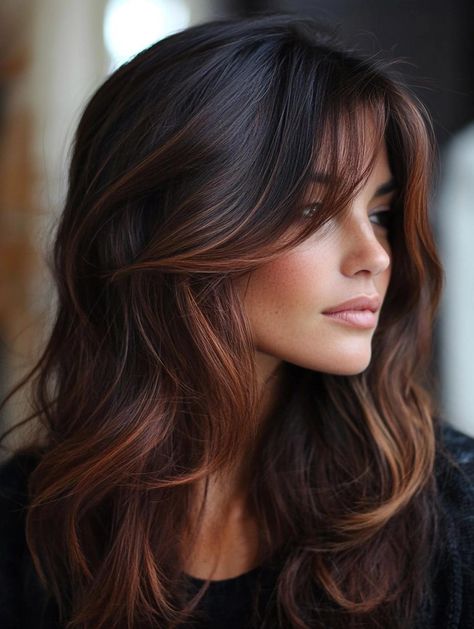 Fall Hair Color for Brunettes: Rich, Warm Shades to Transform Your Look Winter Caramel Balayage, Dark Brunette Red Undertones, Cocoa Hair Color Brunettes, Light Brown To Auburn Balayage, Highlights Indian Skin Tone, Brunette Hair Color For Fair Skin Blue Eyes, Popular Brunette Hair Colors, Brunette Hair Color Dark, Deep Autumn Hair Color Highlights