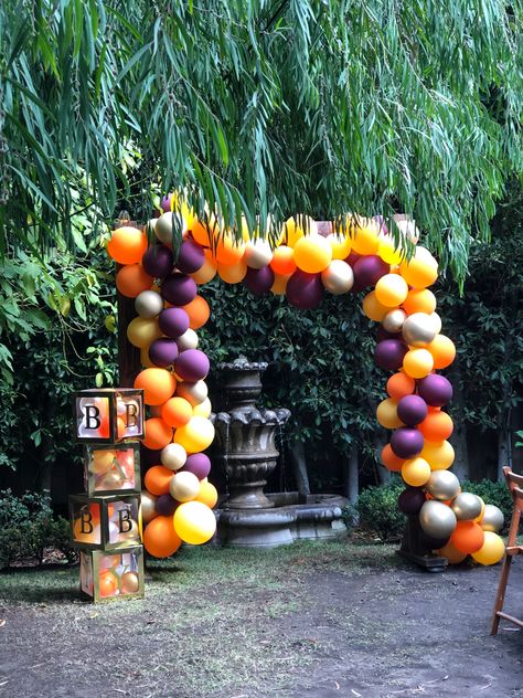 Orange And Purple Birthday Decorations, Orange Party Theme, Purple Balloon Garland, Purple Birthday Decorations, Intimate Events, 65 Birthday, Purple Party Decorations, Purple Aesthetics, Purple Balloon