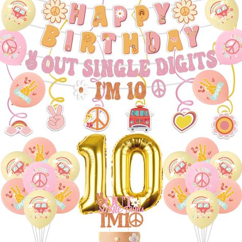 PRICES MAY VARY. Boho 10th Birthday Decorations for Girls：You will receive 1*”happy birthday” banner, 1*“peace out single digits i’m 10” garland, 12*12 inch printed latex balloons (4 pink, 4 yellow, 4 orange), 1*birthday cake topper, 6*hanging swirls, 1*32 inch number 10 foil balloon. Peace Out Single Digits I'm 10 Party Supplies: These lovely beige bohemian hippie party balloons come in pink, yellow and orange color compositions. Colored latex balloons used with banner will make your party glow Boho Birthday Party Decor, Peace Out Single Digits, Boho Birthday Party, 1st Birthday Cake Topper, Hippie Party, Bachelorette Decorations, Girl Birthday Decorations, 1 Birthday, 10th Birthday Parties