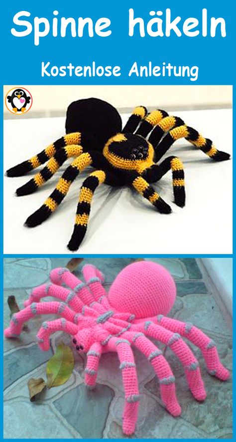 In dieser DIY Anleitung zeigen wir euch, wie ihr eine s�üße Spinne einfach häkeln könnt. Die gehäkelte Amigurumi Spinnen machen sich super als Deko für Halloween, Schlüsselanhänger oder Geschenk für Kinder. Die gratis Häkelanleitung für Riesenspinne ist auf Deutsch und für Anfänger geeignet. Wir haben große Auswahl an kleine Häkelprojekte, Tiere Häkelmuster und Geschenkideen. Handpuppe und Kuscheltier Muster Wollreste. Applikation Häkelideen. Vogelspinne und Spinnennetz. #Häkelanleitung #Häkeln Diy Crochet Patterns, Halloween Crochet, Knitting For Kids, Crochet Animals, Yarn Crafts, Crochet Doll, Cute Crochet, Diy Crochet, Crochet Toys