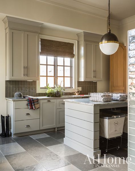 Laundry Room Island, Gray Shiplap, Custom Dog Houses, Laundry Nook, Kitchen Country, Patterned Floor Tiles, White Cabinetry, Red Walls, Laundry Room Design