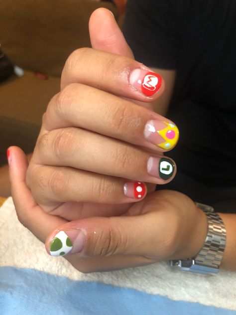 Super Mario Brother Nails, Mario Brothers Nails, Mario Themed Nails, Mario Bros Nails Art Designs, Super Mario Bros Nails, Mario Nail Designs, Mario Nails Art, Mario Kart Nails, Super Mario Nails