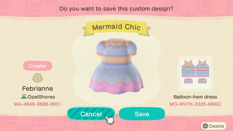 Animal Crossing Mermaid, Acnh Outfit Code, Animal Crossing Hair, Acnh Dress, Acnh Custom Design, Acnh Custom Designs, Hat And Dress, Chic Hat, Animal Crossing Qr Codes Clothes