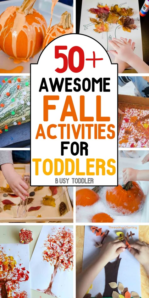 You've got to see these 50+  Awesome Fall Activities for Toddlers! So many great ideas in three categories: arts & crafts, sensory play and random Fall fun; toddlers and preschoolers will love these quick and easy fall activities Cute Fall Activities, Easy Fall Activities, Fall Activities For Toddlers, Prek Activities, Pumpkin Activities, Baby Activities, Fun Fall Activities, Autumn Activities For Kids, Fall Preschool