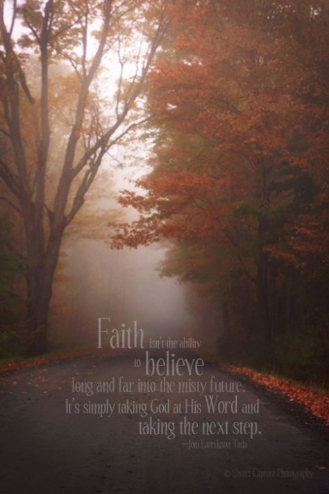 "Faith isn't the ability to believe long and far into the misty future.  It's simply taking God at His Word and taking the next step."  —Joni Eareckson Tada Foggy Autumn, Fall Mood, I Love Fall, Halloween Autumn, Halloween Aesthetic, The Fog, Autumn Halloween, Autumn Vibes, Love Fall